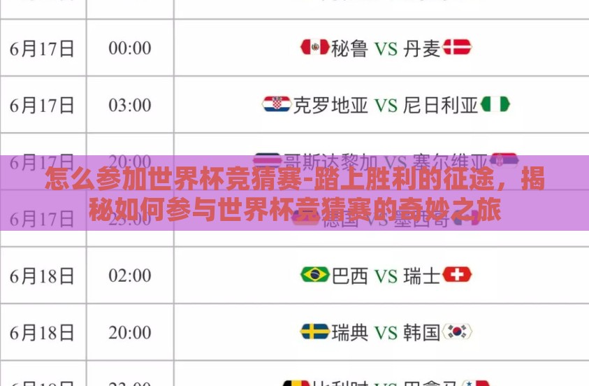 怎么参加世界杯竞猜赛-踏上胜利的征途，揭秘如何参与世界杯竞猜赛的奇妙之旅